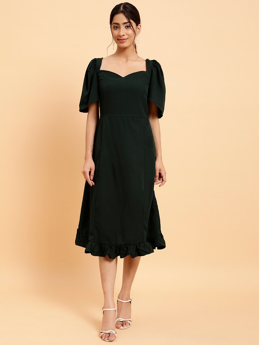 

MINT STREET Puff Sleeve Crepe Fit & Flare Midi Dress, Green