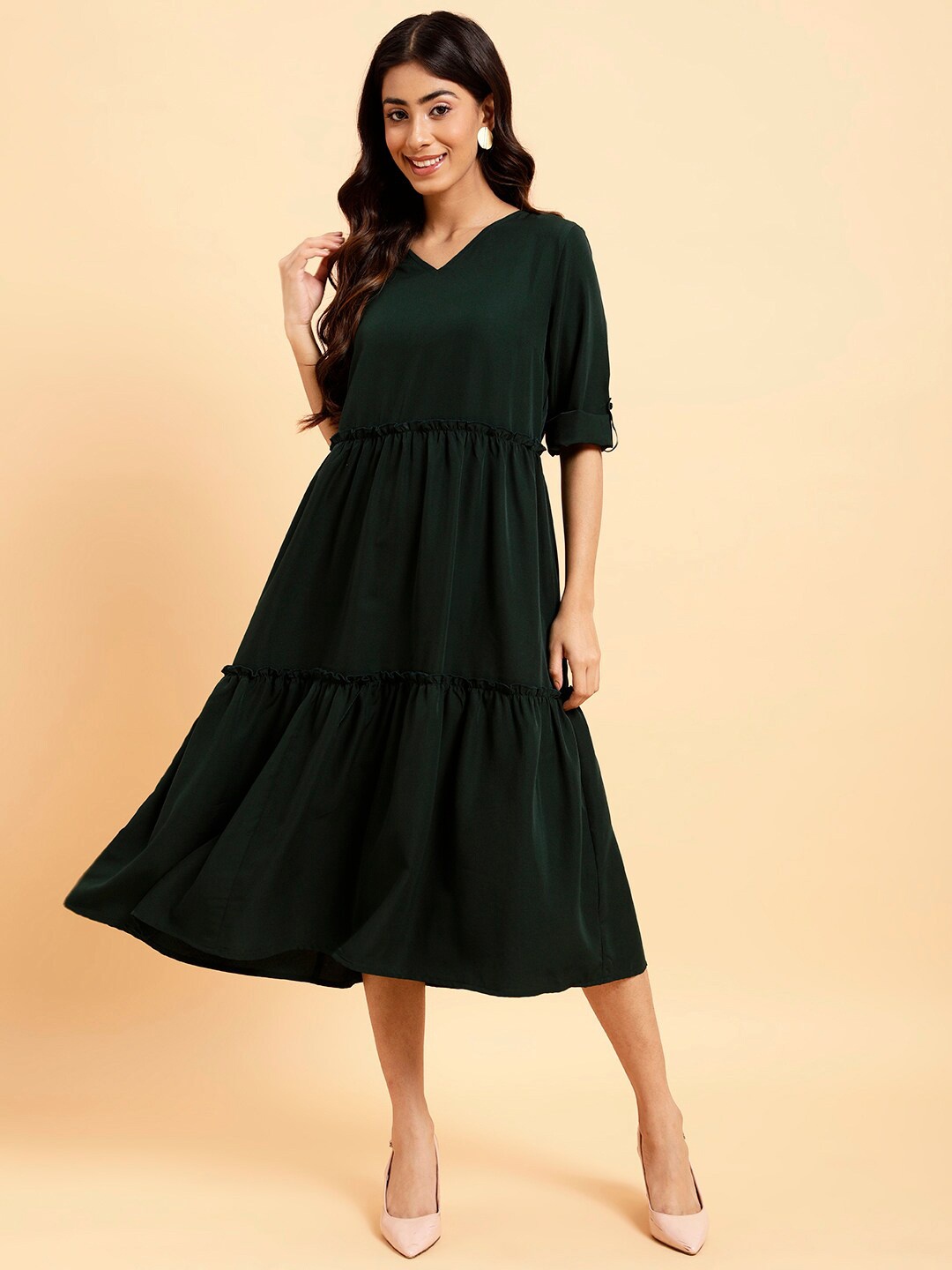 

MINT STREET V-Neck Tiered A-Line Midi Dress, Green