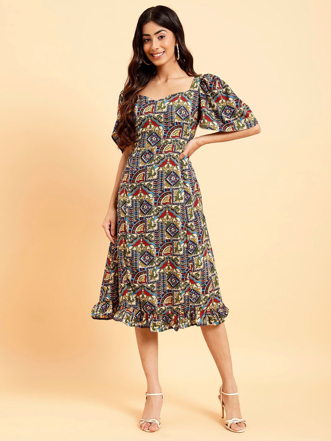 

MINT STREET Ethnic Motifs Printed Crepe A-Line Dress, Olive