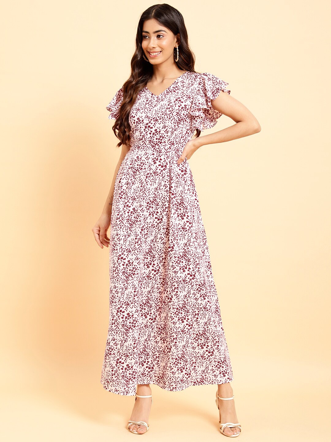 

MINT STREET V-Neck Floral Print Flutter Sleeve Crepe Maxi Dress, White