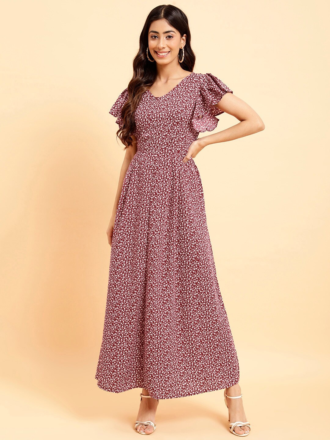 

MINT STREET Printed Flutter Sleeve Crepe Maxi Dress, Maroon