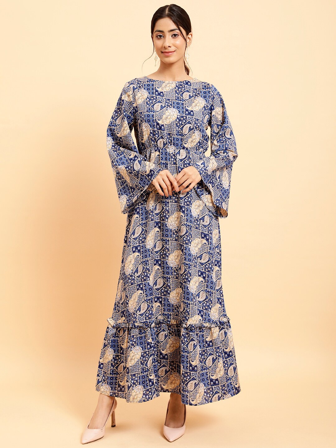 

MINT STREET Ethnic Motif Printed Flared Sleeve A-Line Maxi Dress, Navy blue