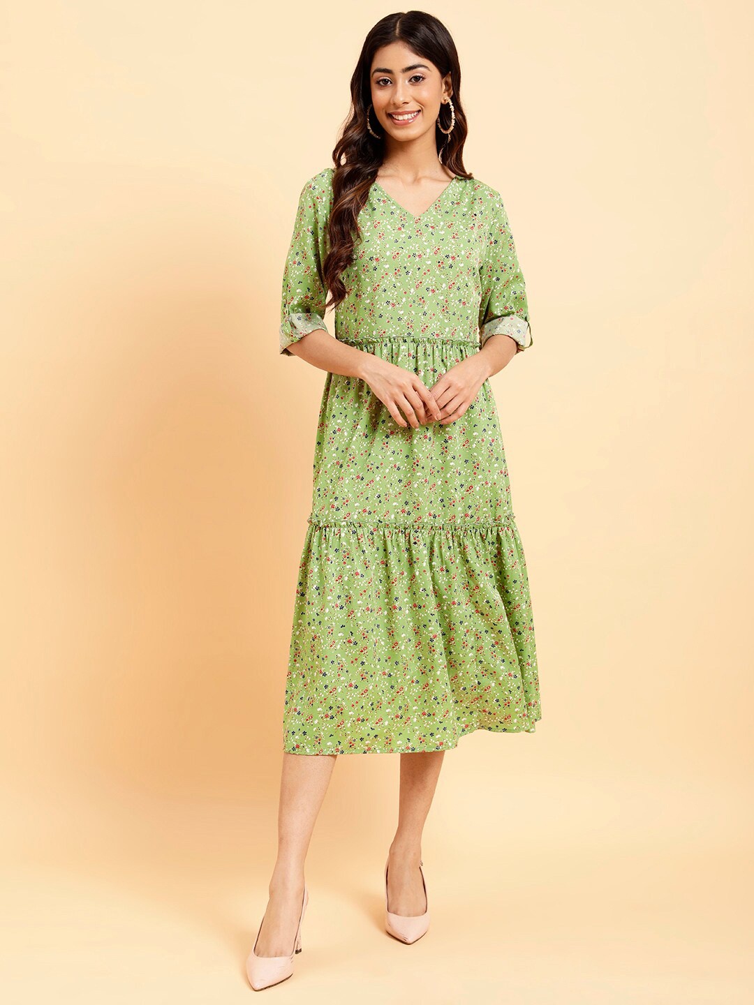 

MINT STREET Floral Printed Tiered A-Line Midi Dress, Sea green