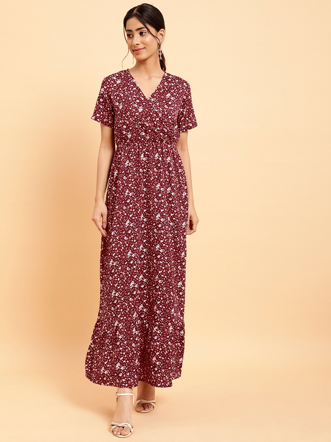 

MINT STREET Floral Printed V-Neck Fit & Flare Maxi Dress, Maroon