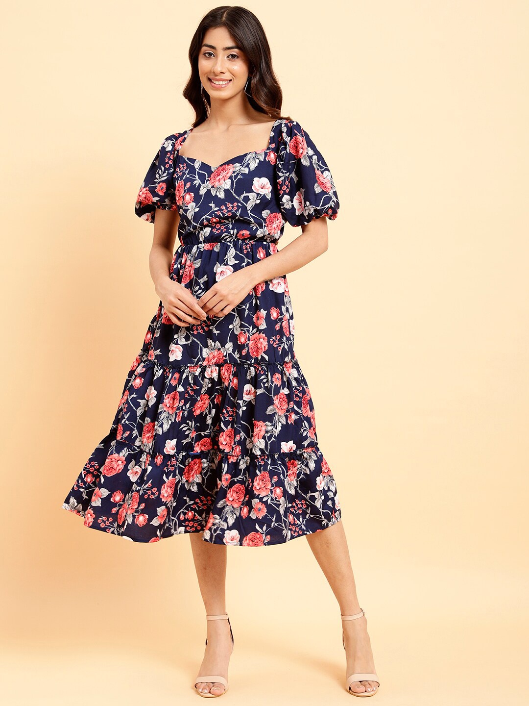 

MINT STREET Floral Print Puff Sleeve Crepe Fit & Flare Midi Dress, Navy blue