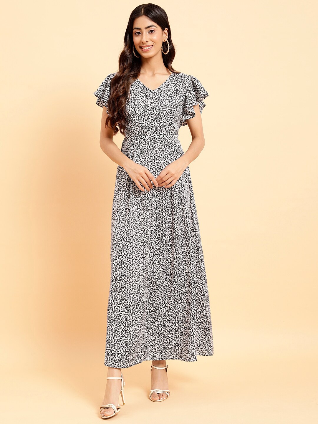 

MINT STREET V-Neck Floral Print Crepe A-Line Dress, White