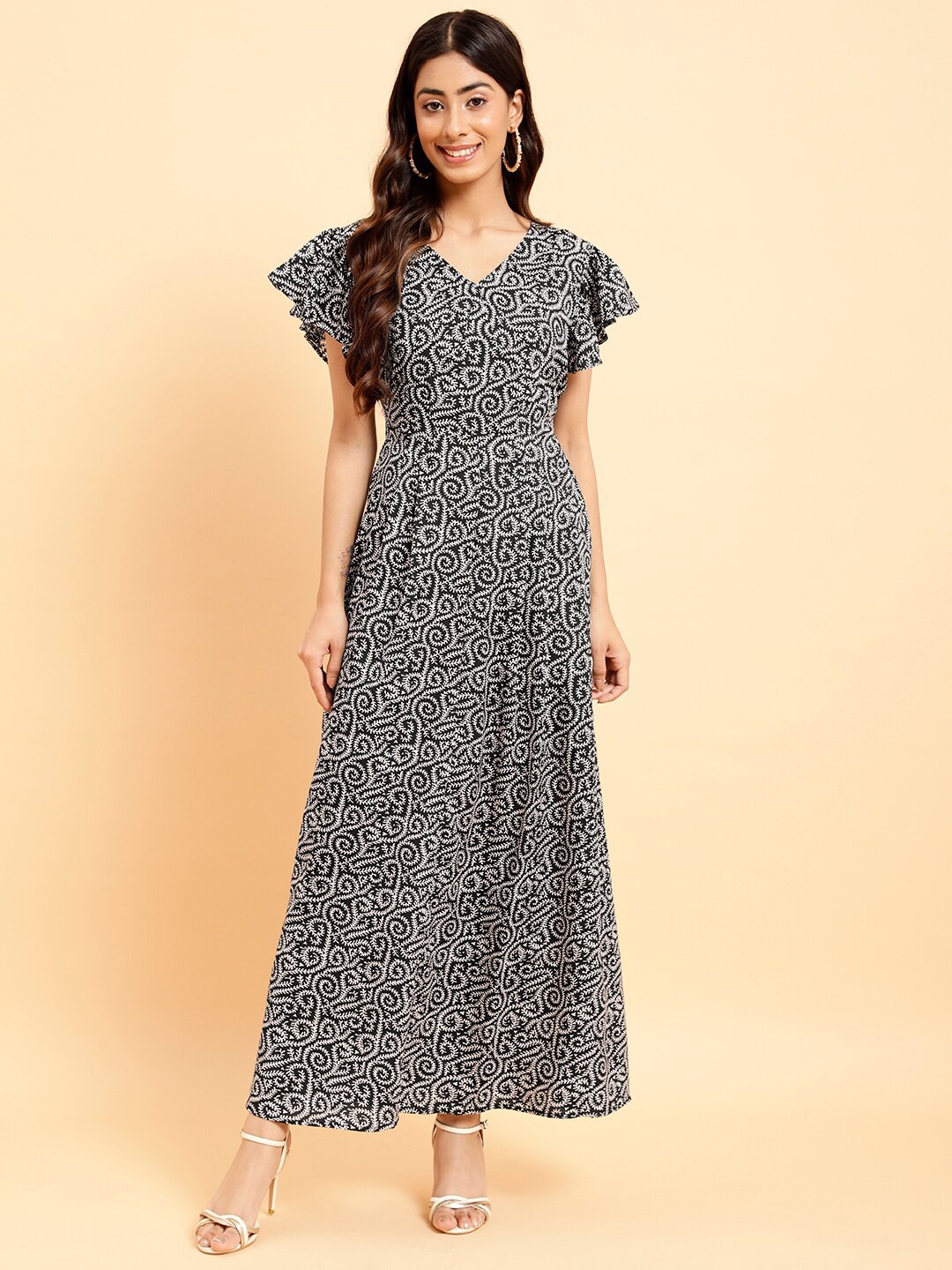 

MINT STREET Floral Printed Flutter Sleeve A-Line Maxi Dress, Black