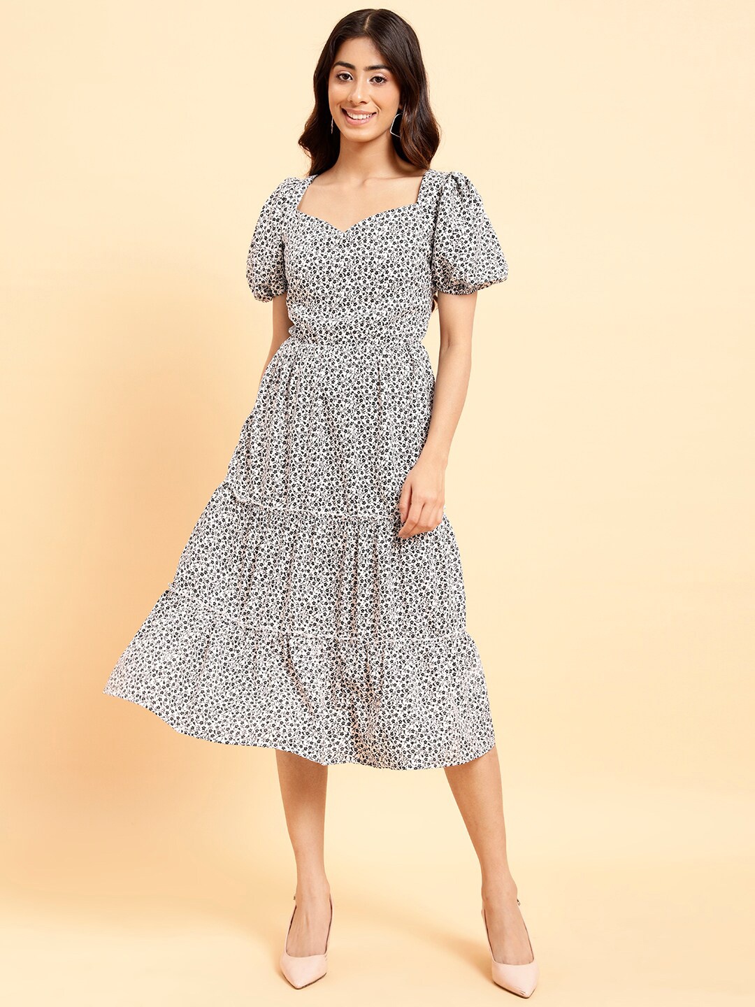 

MINT STREET Floral Printed Puff Sleeves Tiered Fit & Flare Midi Dress, White