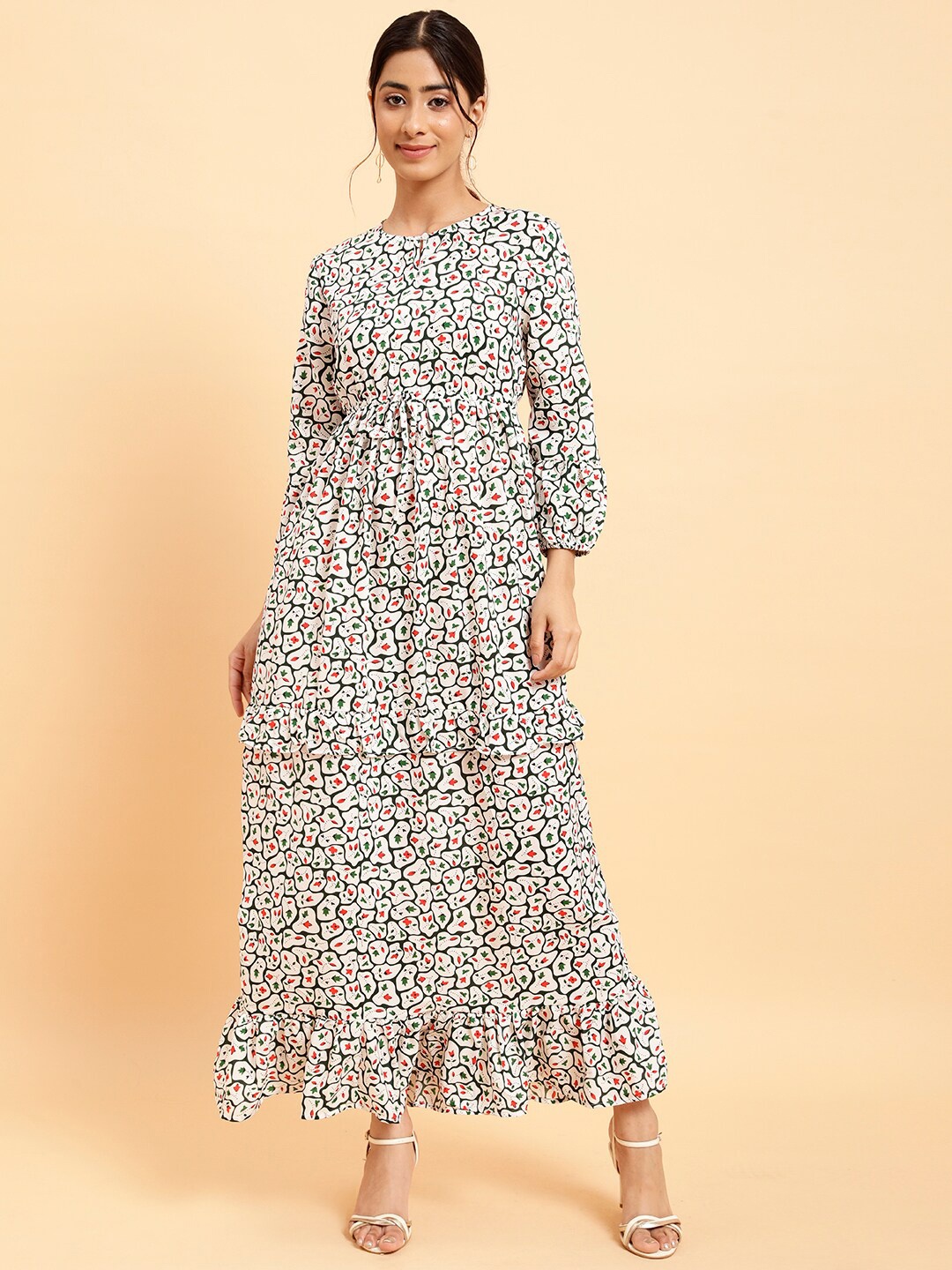 

MINT STREET Floral Printed Keyhole Neck Tiered A-Line Maxi Dress, White