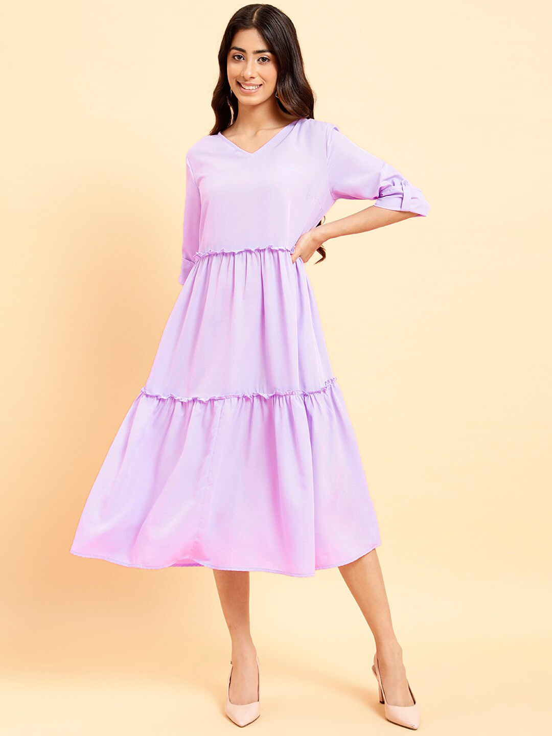 

MINT STREET V-Neck Tiered A-Line Midi Dress, Lavender