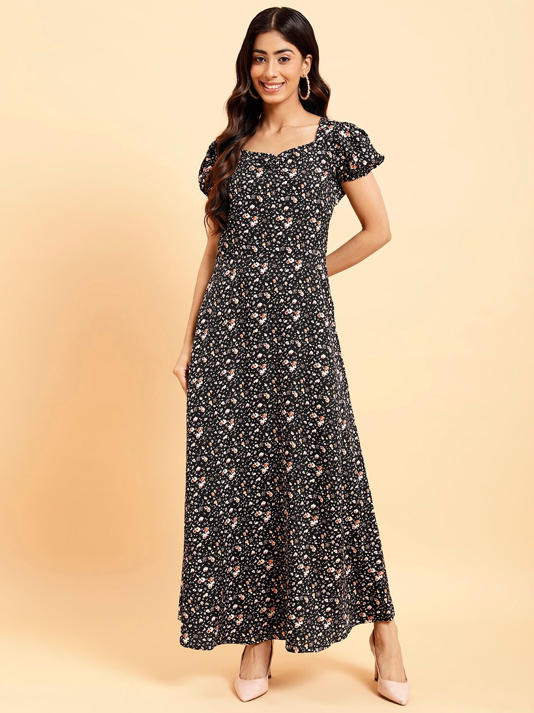 

MINT STREET Floral Print Crepe A-Line Dress, Black