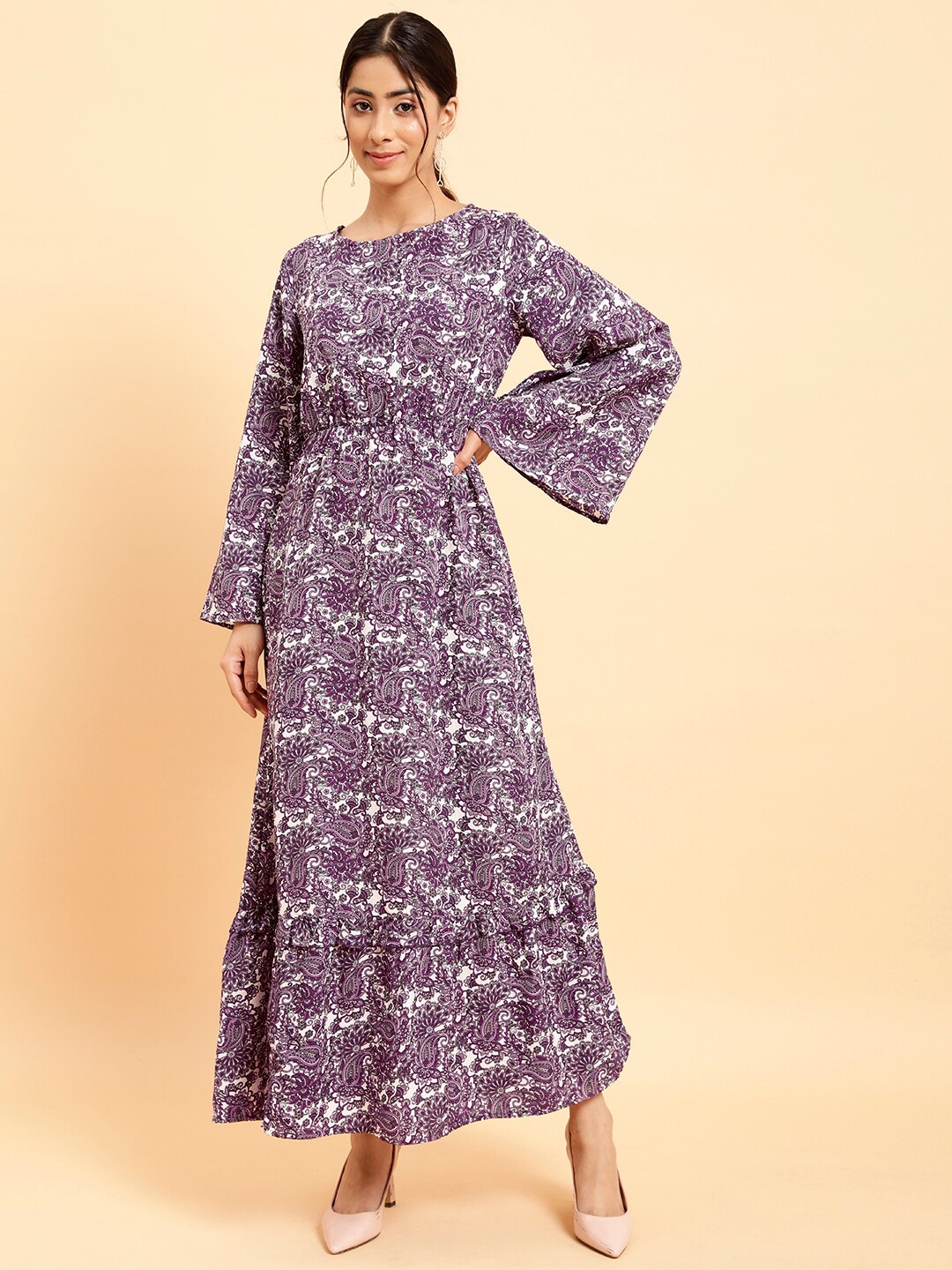 

MINT STREET Floral Printed Flared Sleeve A-Line Maxi Dress, Purple