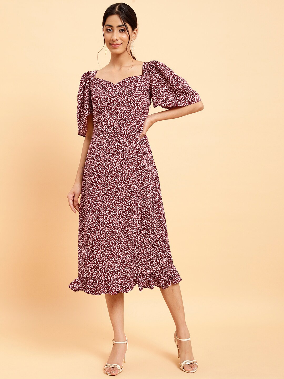 

MINT STREET Floral Printed Sweetheart Neck A-Line Midi Dress, Maroon