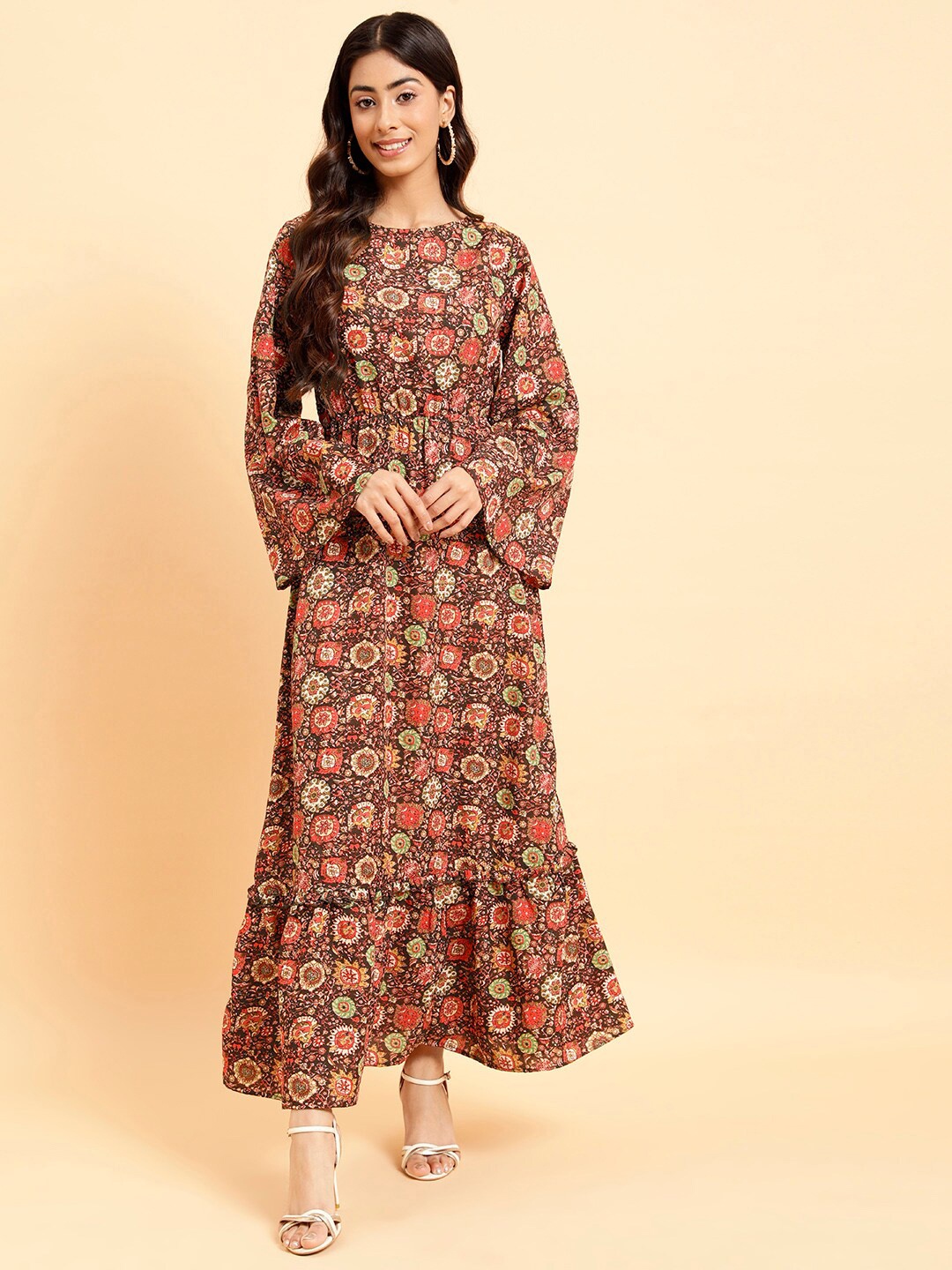 

MINT STREET Floral Printed Flared Sleeve A-Line Maxi Dress, Brown