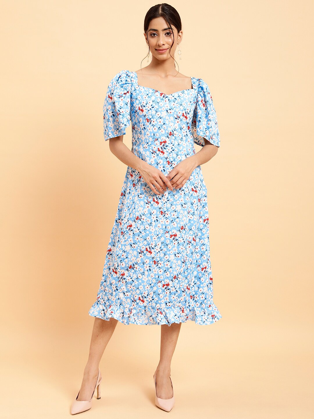 

MINT STREET Floral Printed Sweetheart Neck A-Line Midi Dress, Blue
