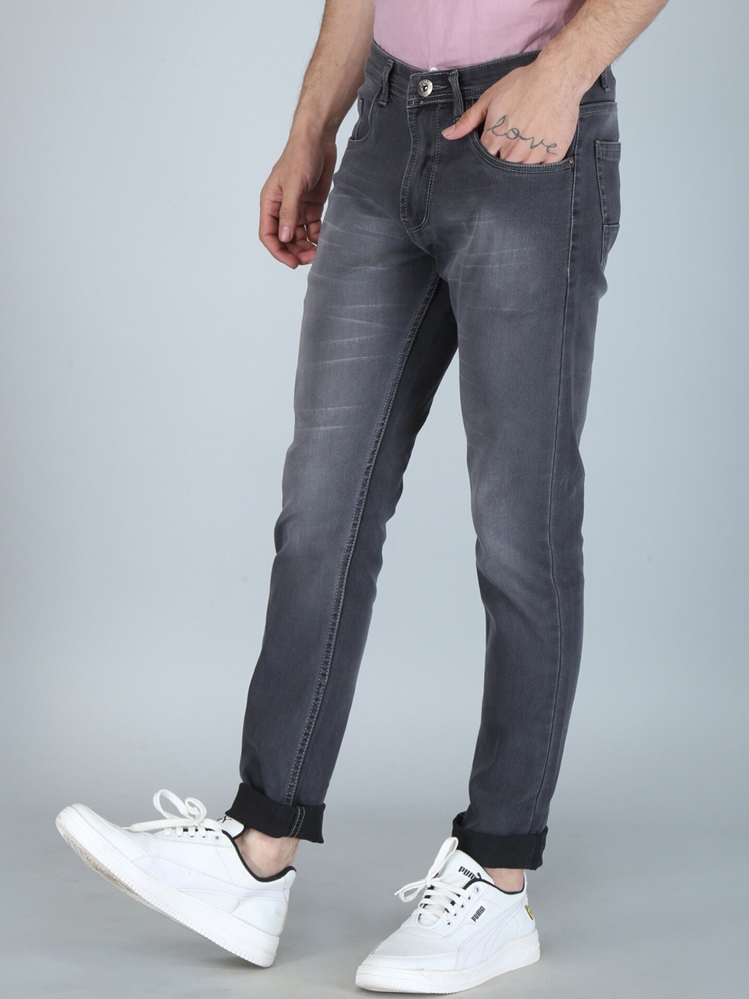 

FUBAR Men Slim Fit Mid-Rise Heavy Fade Clean Look Jeans, Grey