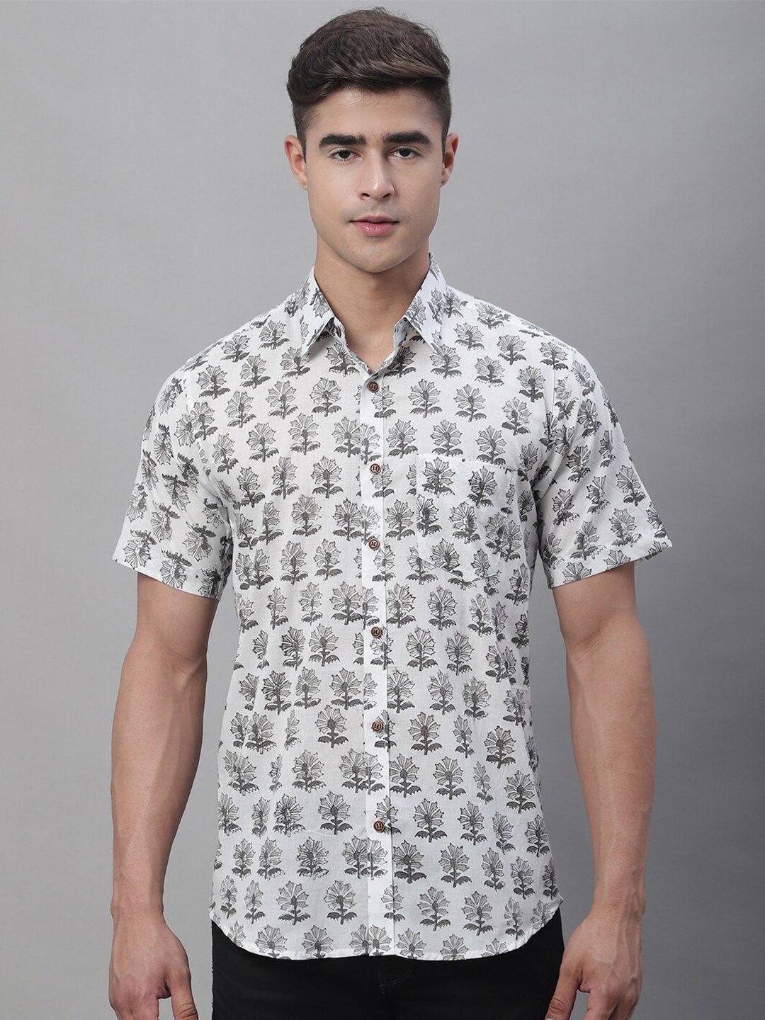 

Pistaa Relaxed Slim Fit Floral Printed Pure Cotton Casual Shirt, Black