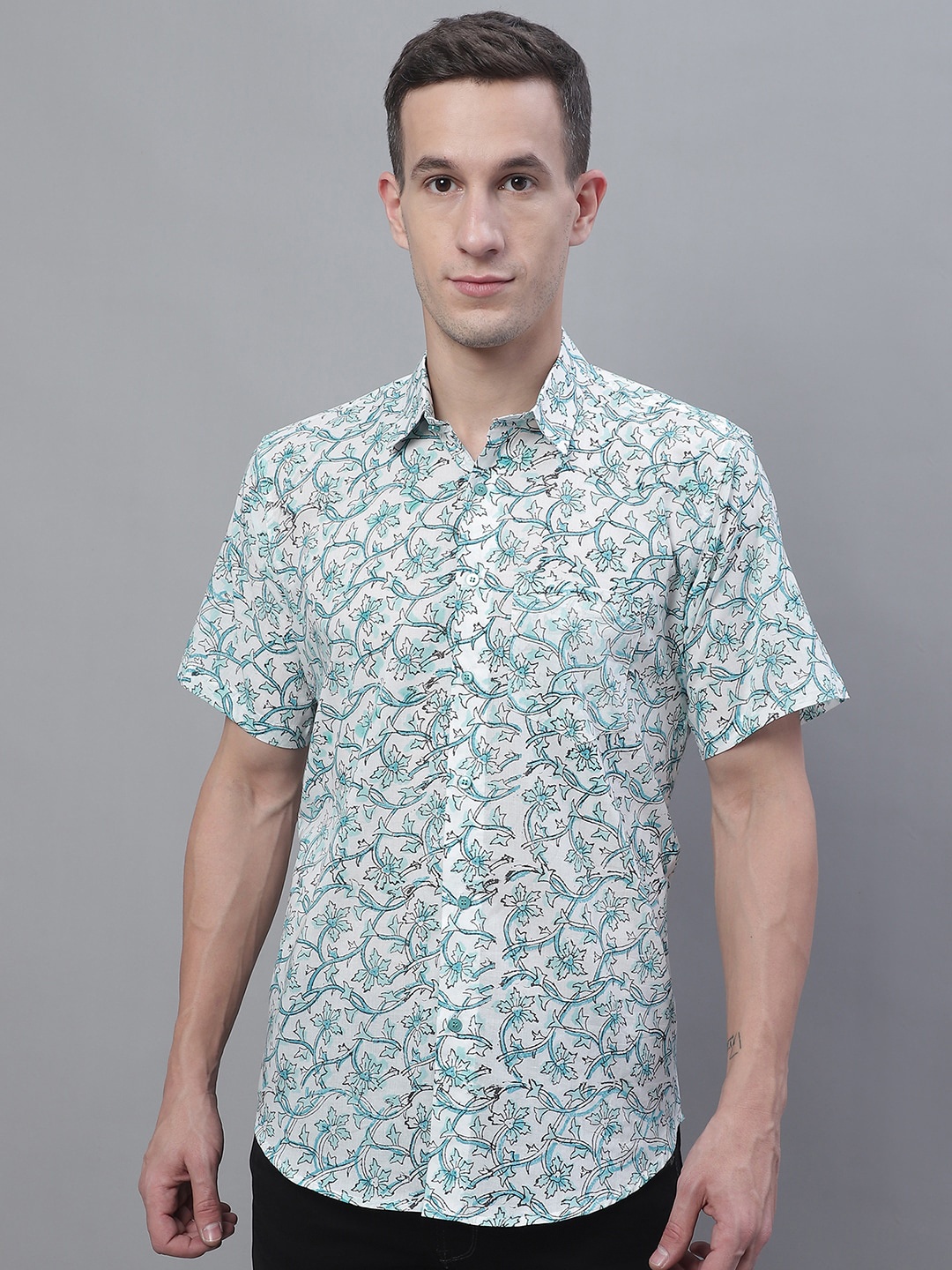 

Pistaa Relaxed Slim Fit Floral Printed Pure Cotton Casual Shirt, Green