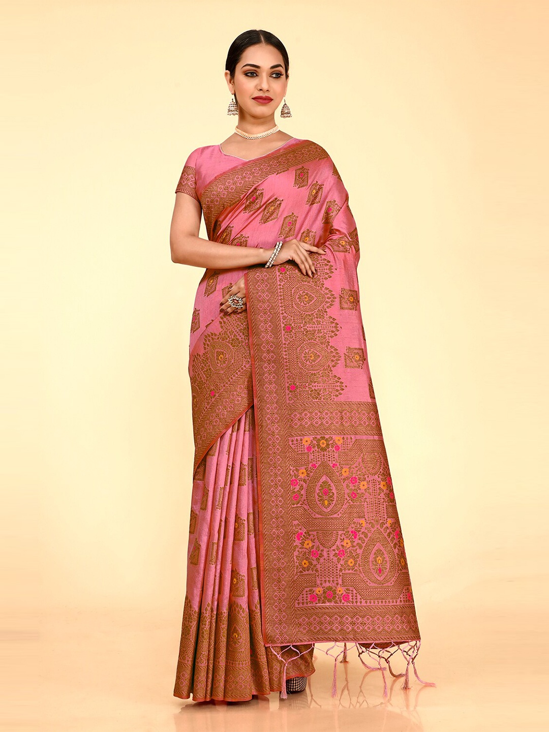 

elora Ethnic Motif Zari Pure Silk Banarasi Saree With Blouse Piece, Pink