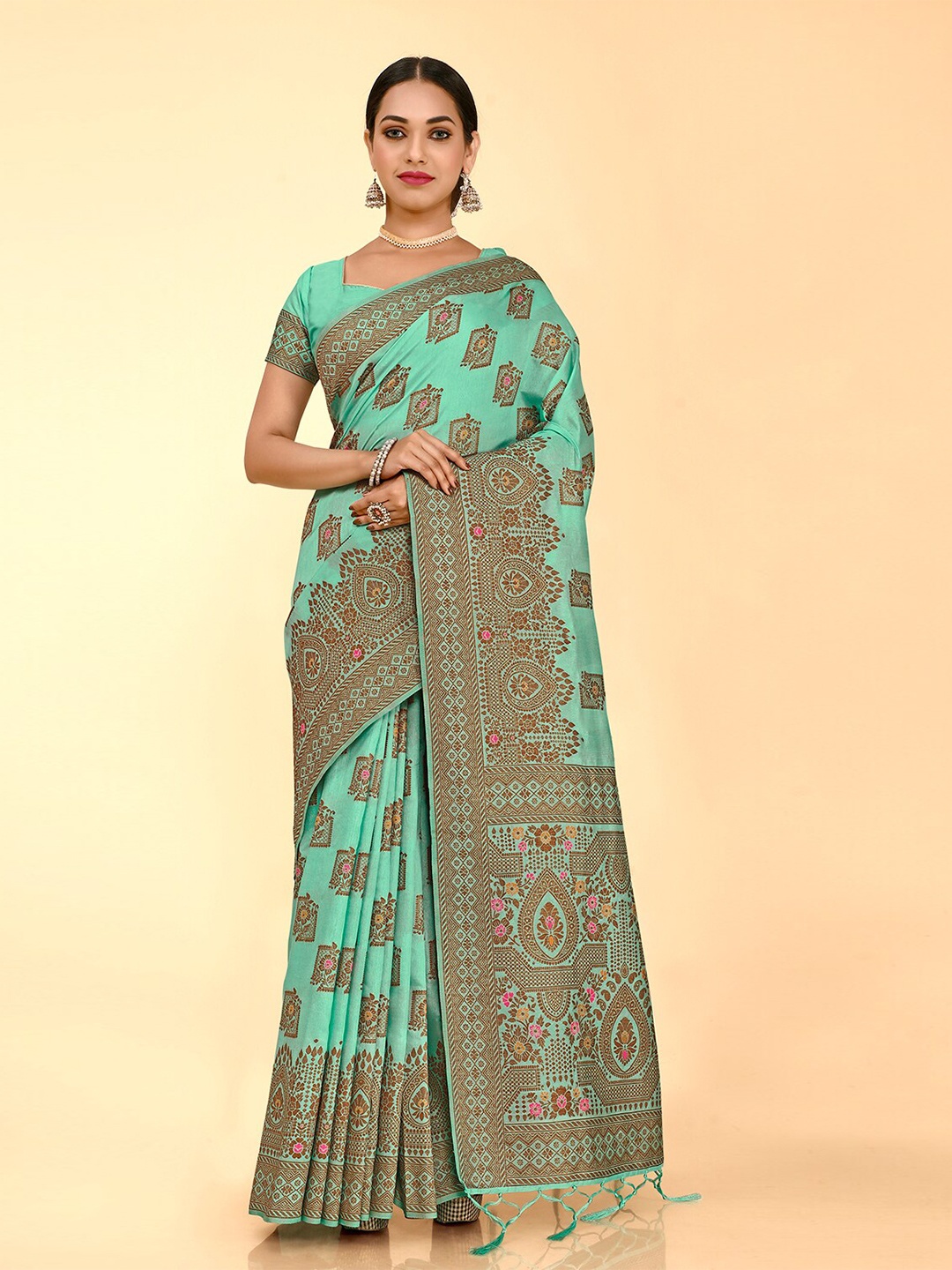 

elora Ethnic Motif Zari Pure Silk Banarasi Saree With Blouse Piece, Turquoise blue