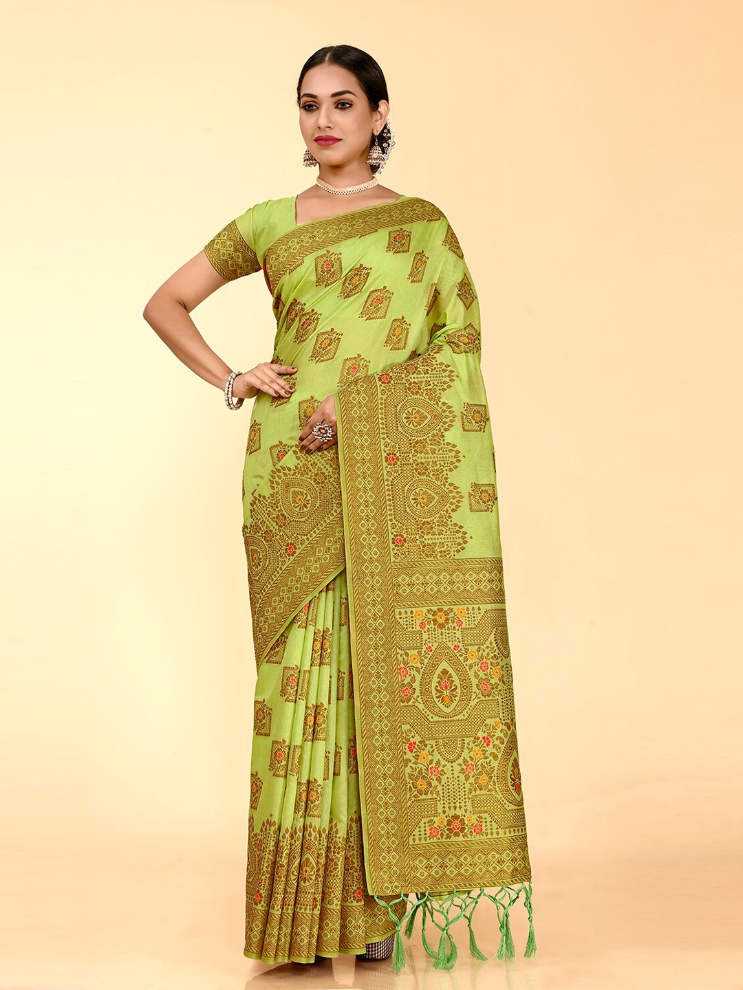 

elora Ethnic Motif Zari Pure Silk Banarasi Saree With Blouse Piece, Green