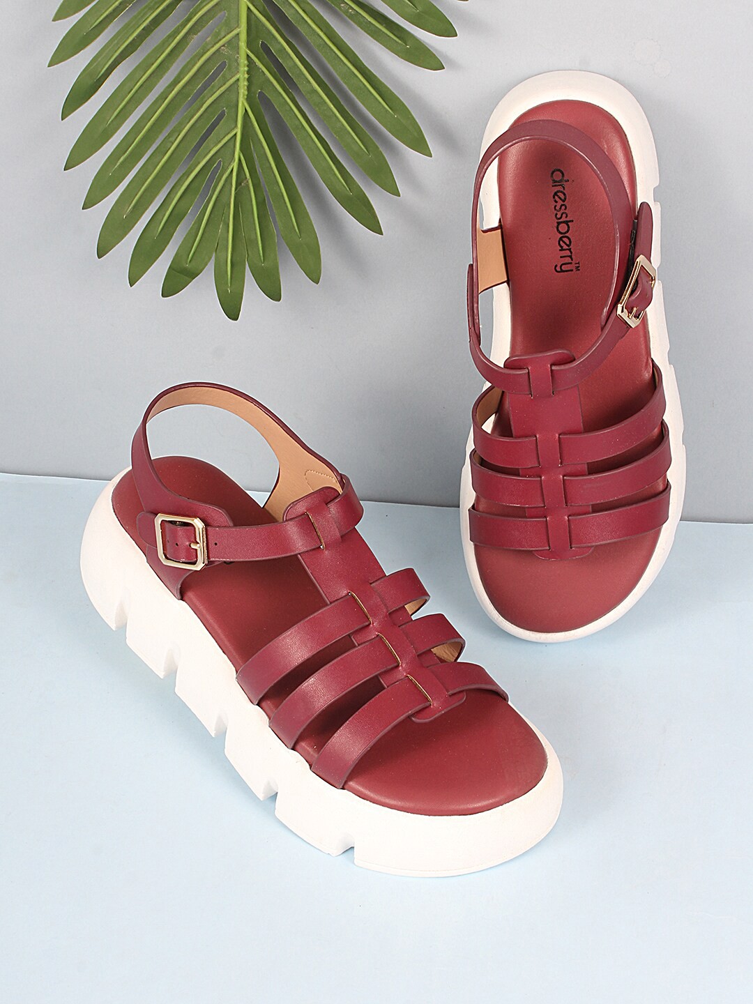 

DressBerry Women Marron & White Open Toe Flats With Buckles, Maroon