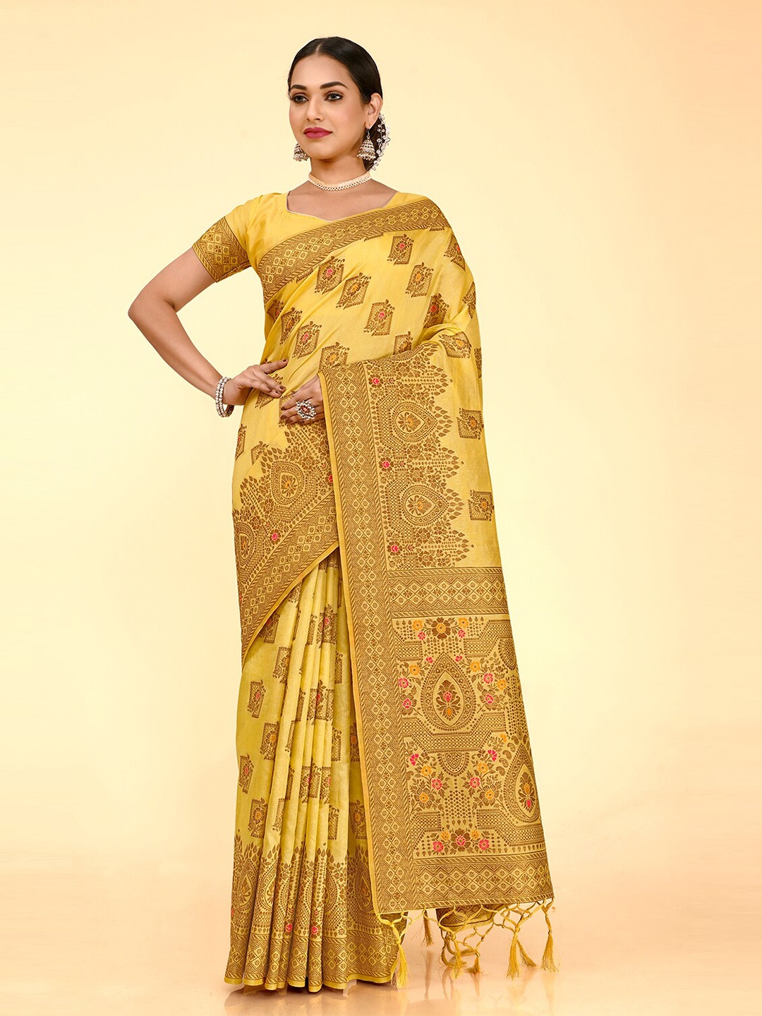 

elora Ethnic Motif Zari Pure Silk Banarasi Saree With Blouse Piece, Mustard