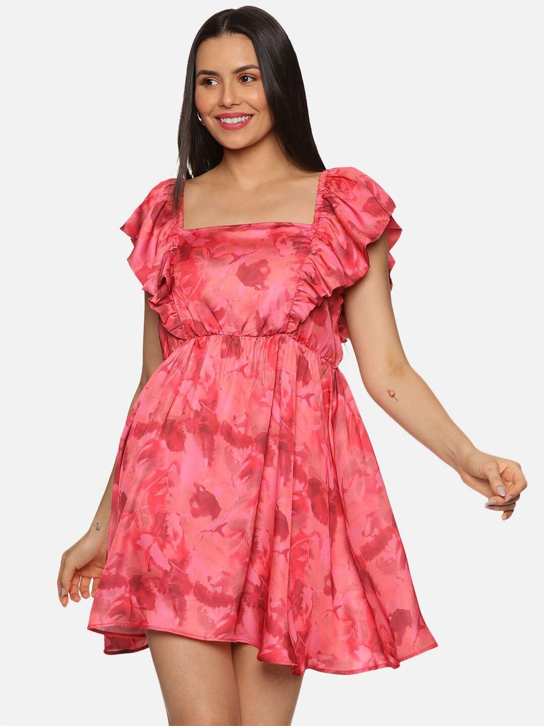 

ISU Red Floral Print Flutter Sleeve Satin Fit & Flare Dress