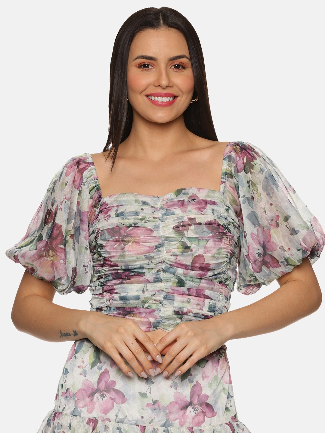 

ISU Floral Print Sweetheart Neck Puff Sleeve Chiffon Ruched Fitted Crop Top, Pink