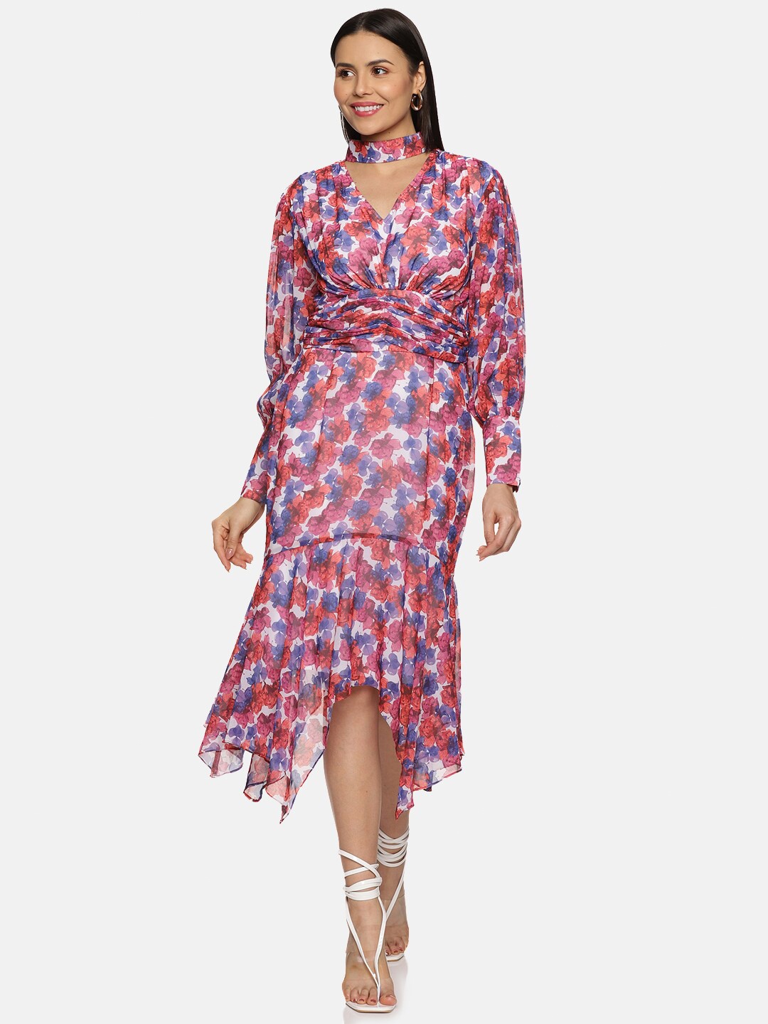 

ISU Floral Printed Choker Neck Georgette Fit & Flare Midi Dress, White
