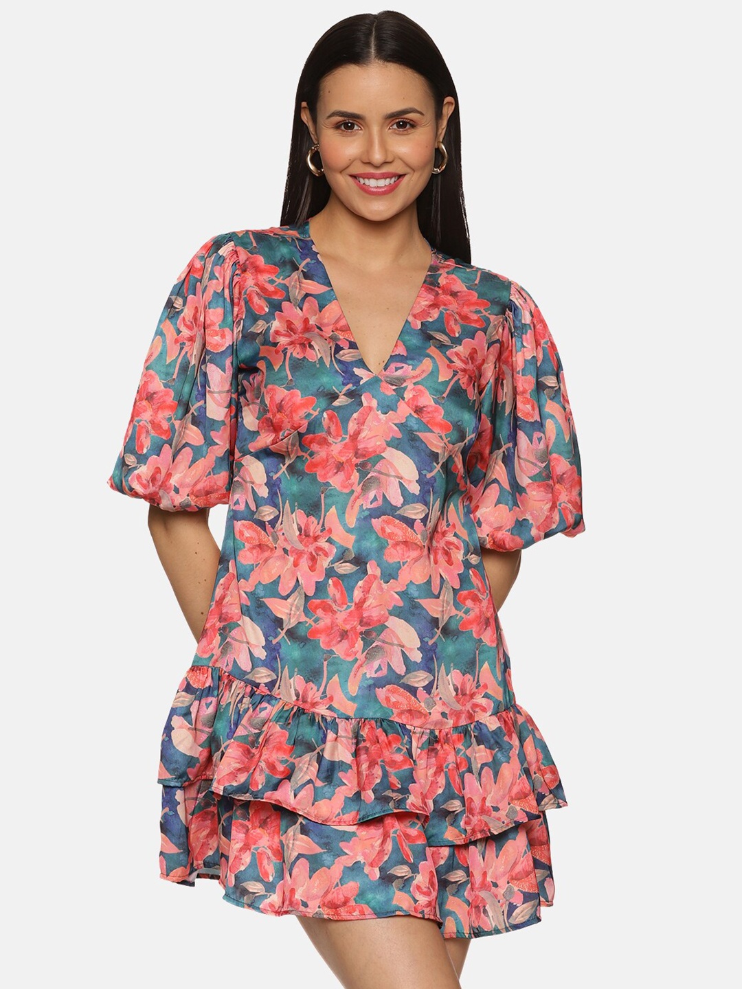 

ISU Floral Printed Puff Sleeve Ruffle Satin A-Line Dress, Blue