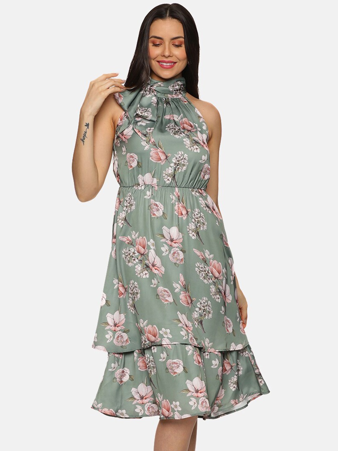 

ISU Olive Green Floral Print Satin Fit & Flare Dress