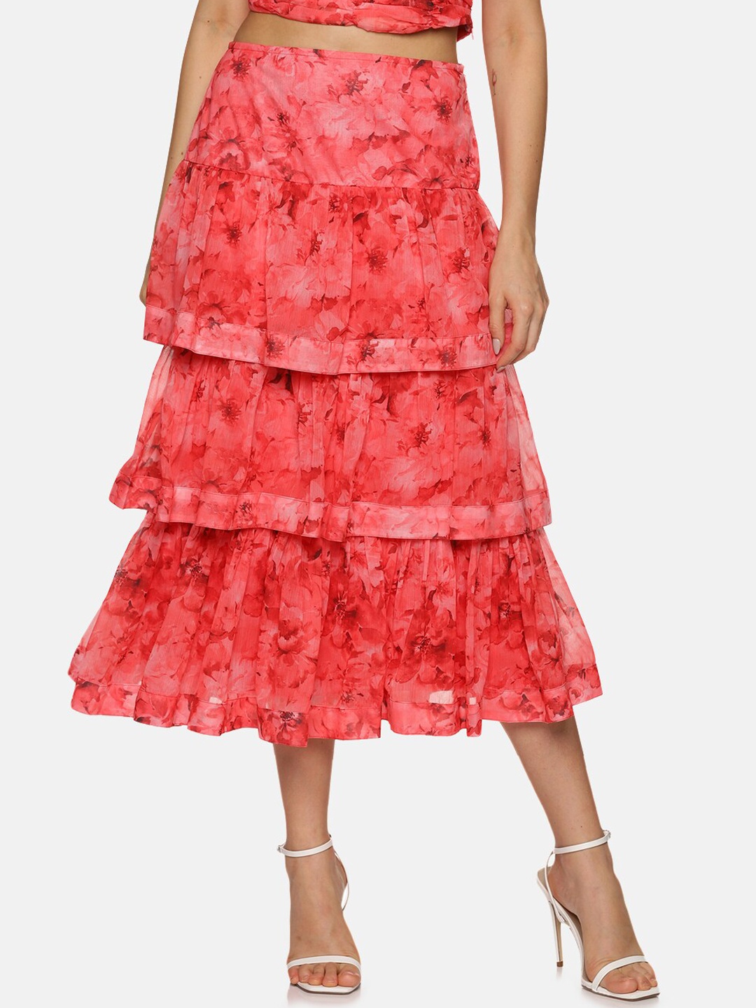 

ISU Floral Printed Tiered Midi Skirt, Red