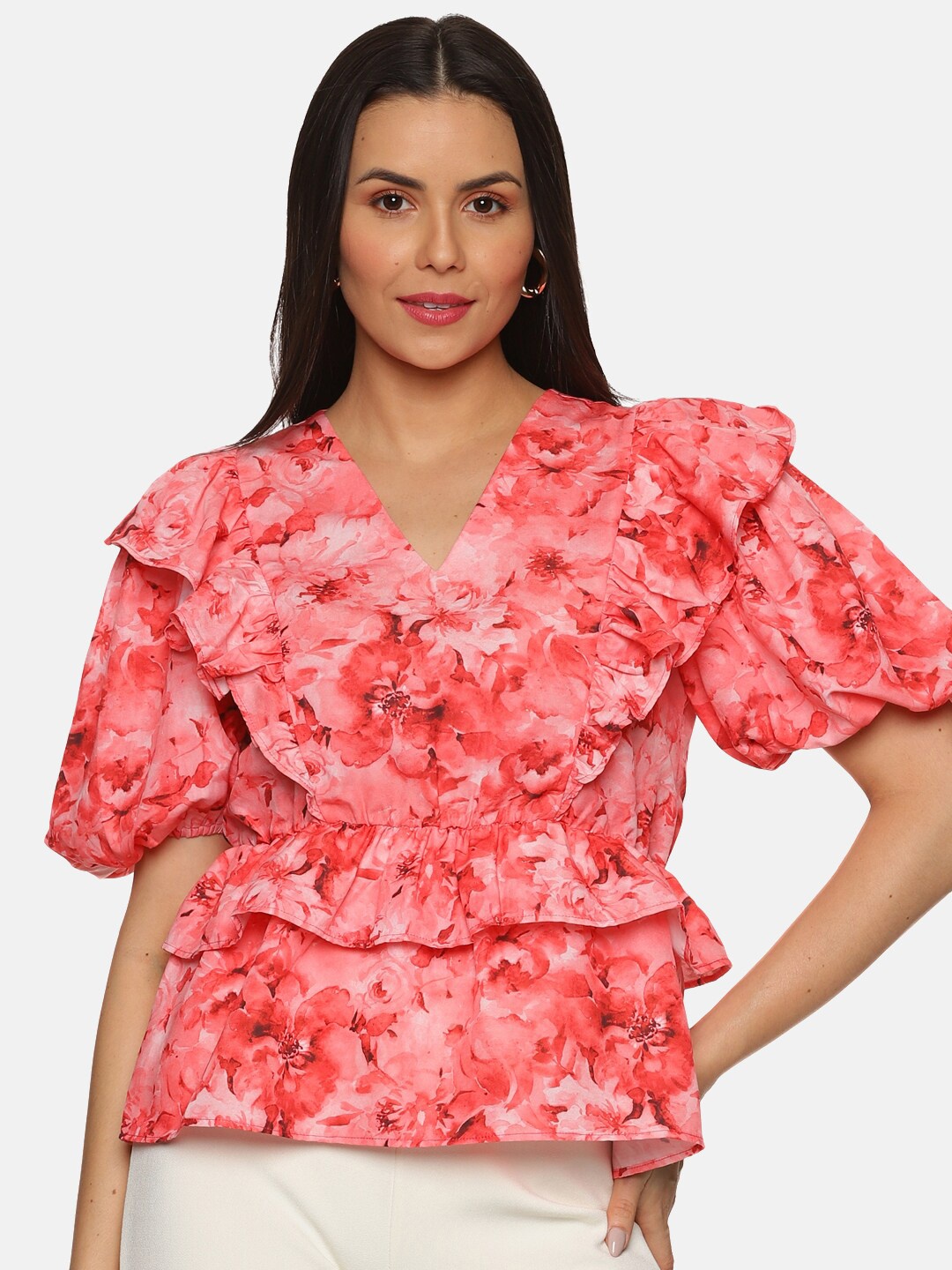 

ISU Floral Print Puff Sleeve Peplum Top, Pink