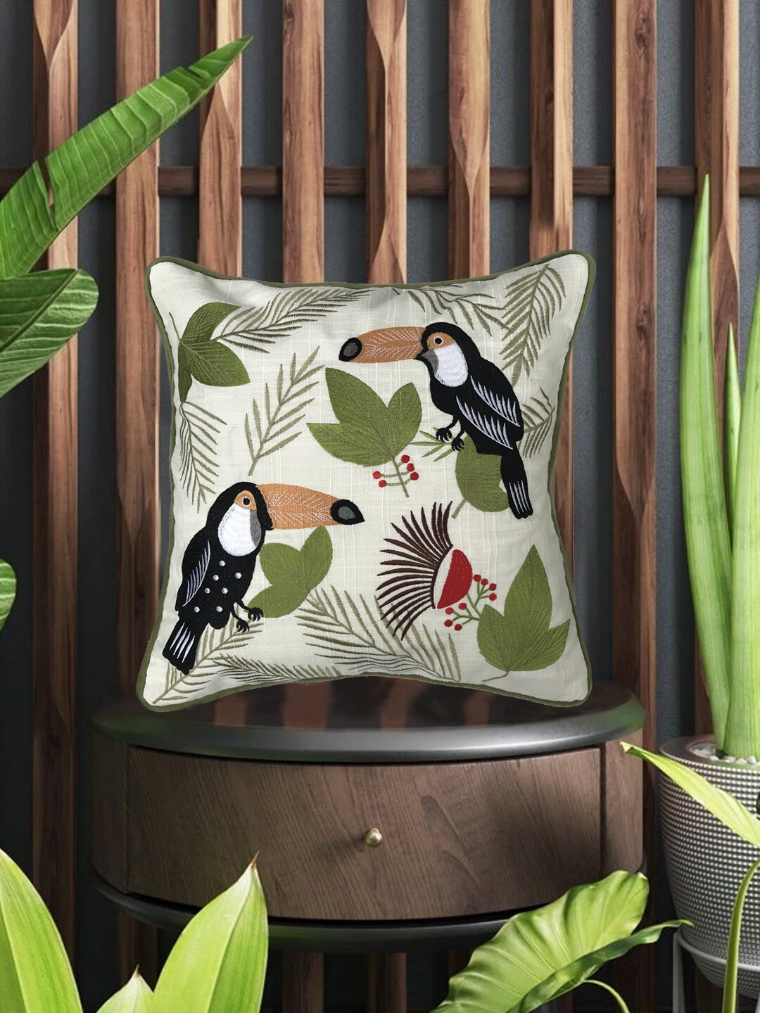 

SHADES of LIFE Black & Green 2 Pieces Embroidered Cotton Square Cushion Covers