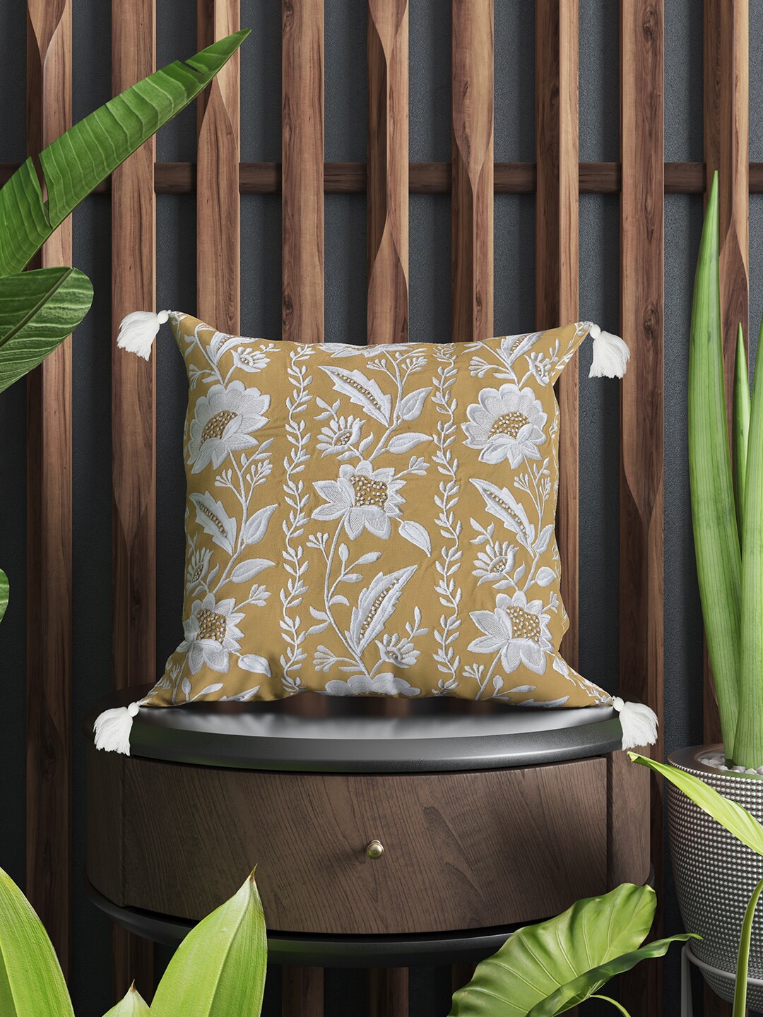 

SHADES of LIFE Yellow & White 2 Pieces Embroidered Cotton Square Cushion Covers