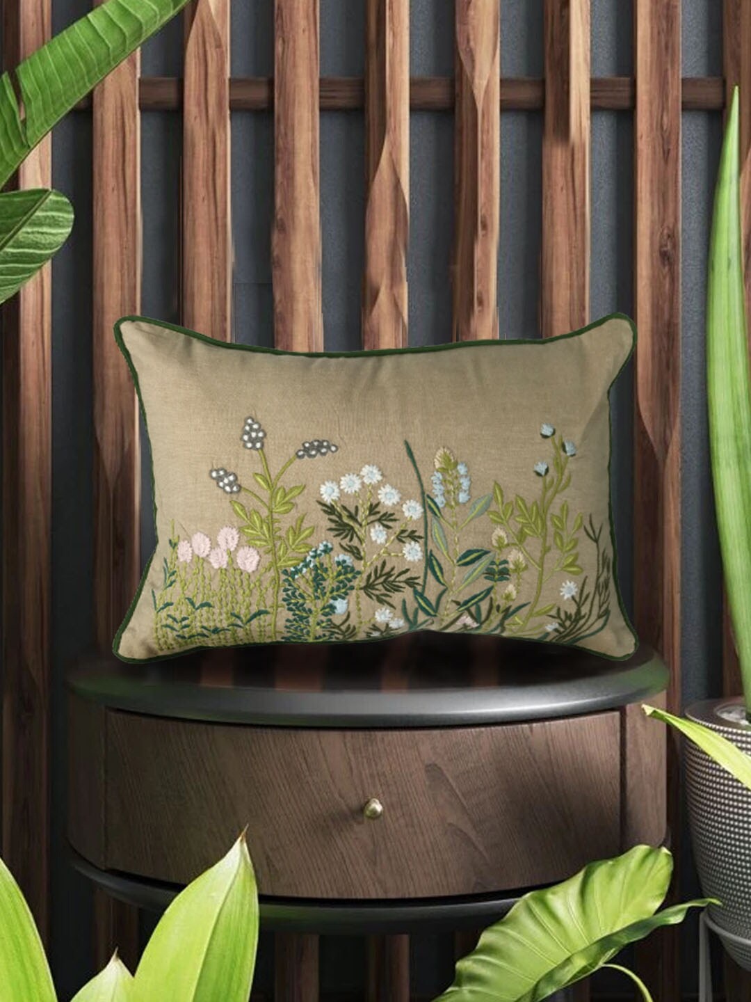 

SHADES of LIFE Green & White 2 Pcs Floral Embroidered Rectangle Pure Cotton Cushion Covers