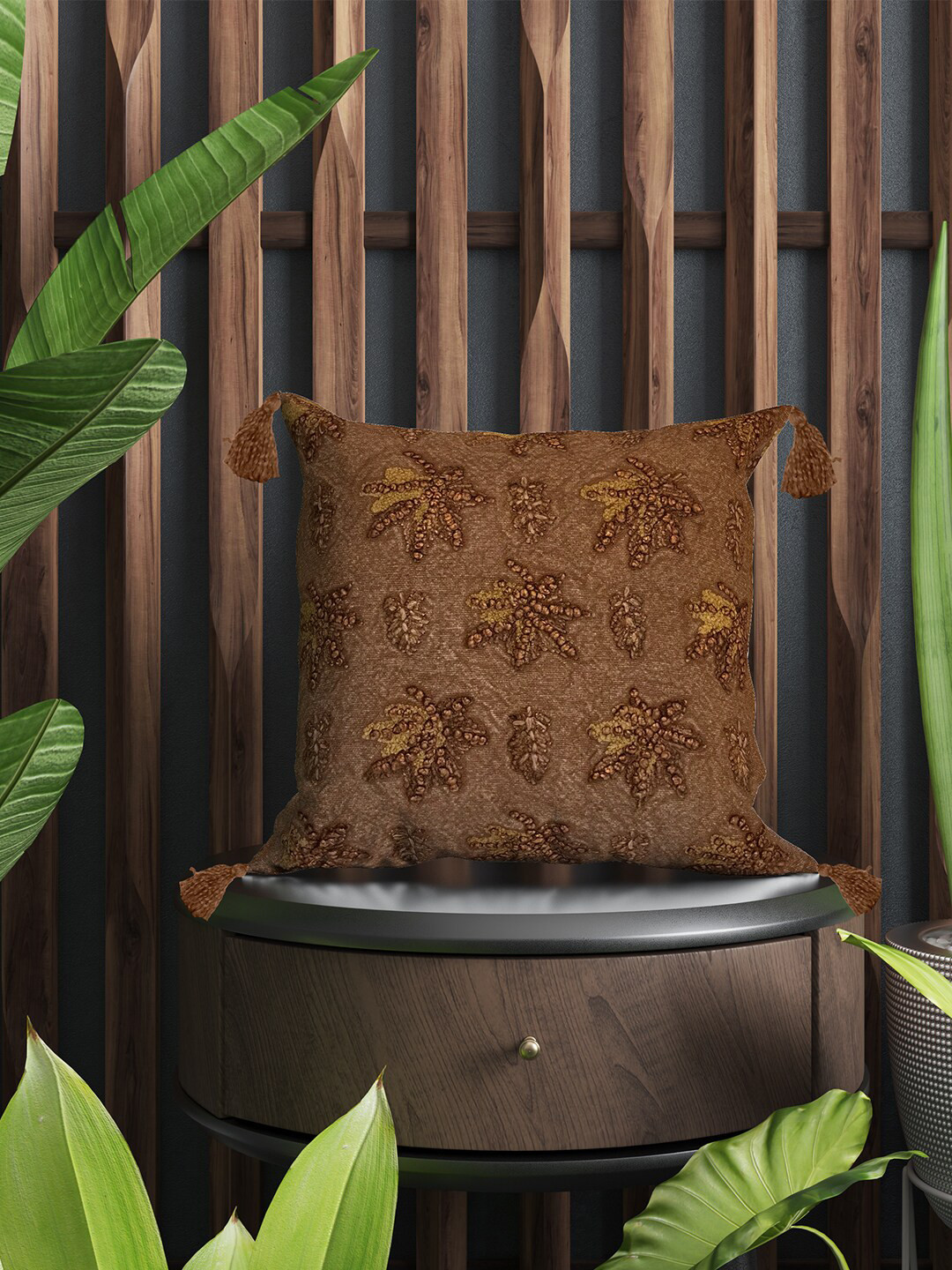 

SHADES of LIFE Brown 2 Pieces Embroidered Square Pure Cotton Cushion Covers
