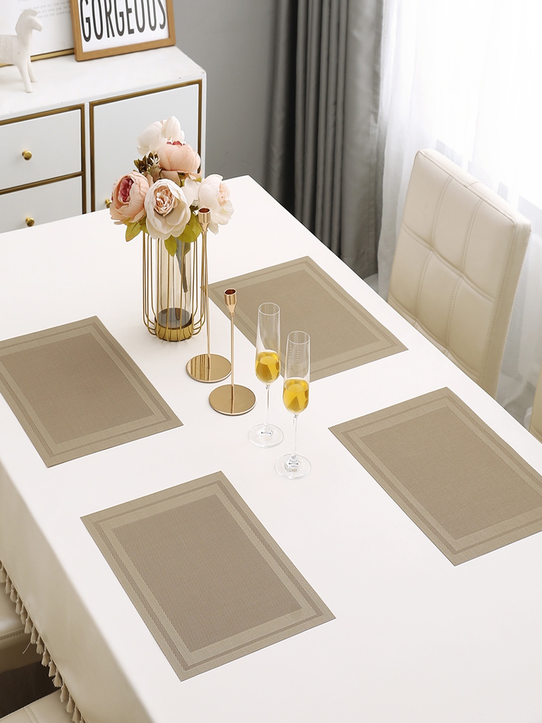 

HOKIPO Beige 4 Pieces Textured & Colourblocked Table Placemats