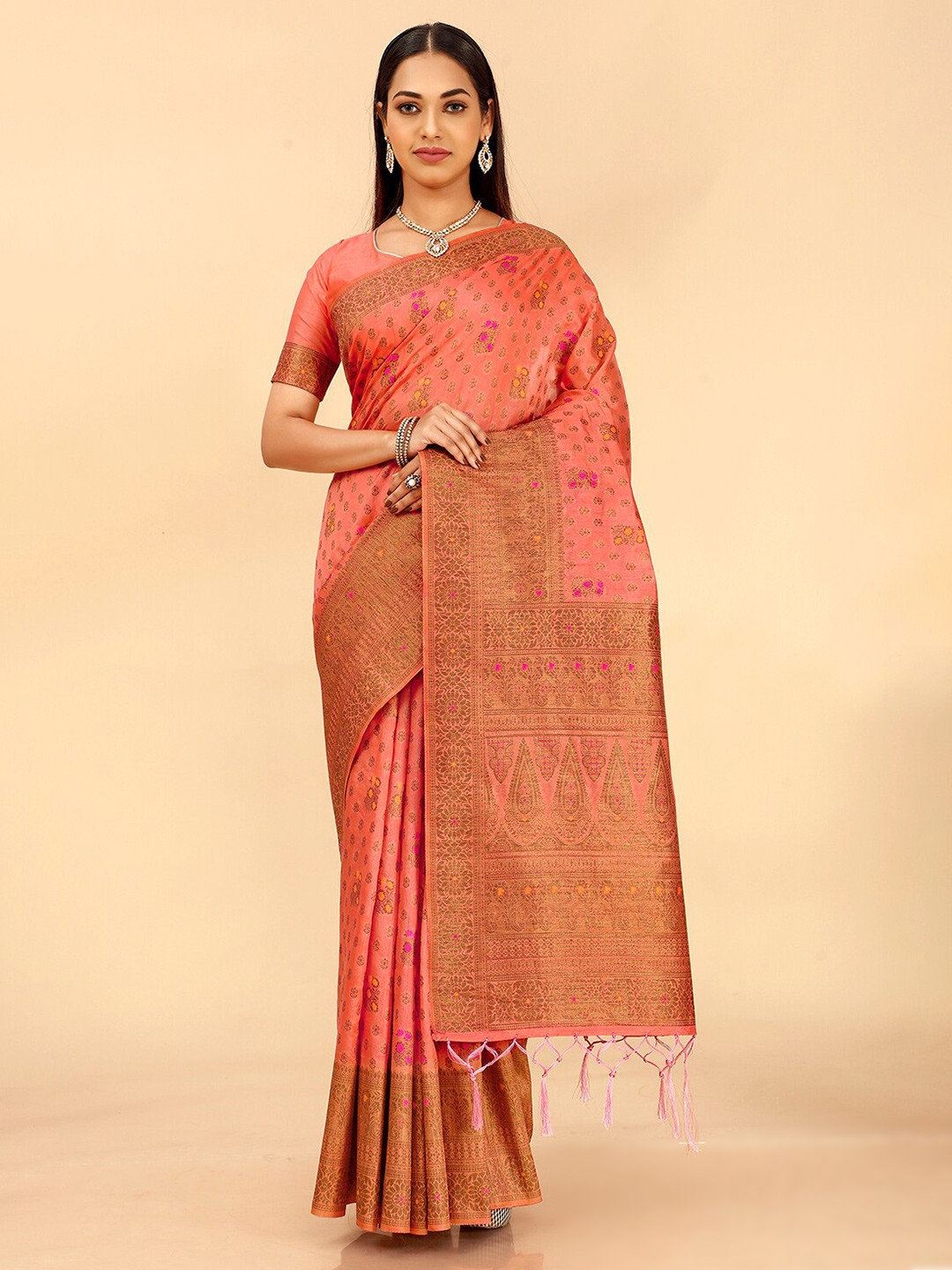 

elora Ethinic Motif Woven Design Zari Pure Silk Banarasi Saree, Peach