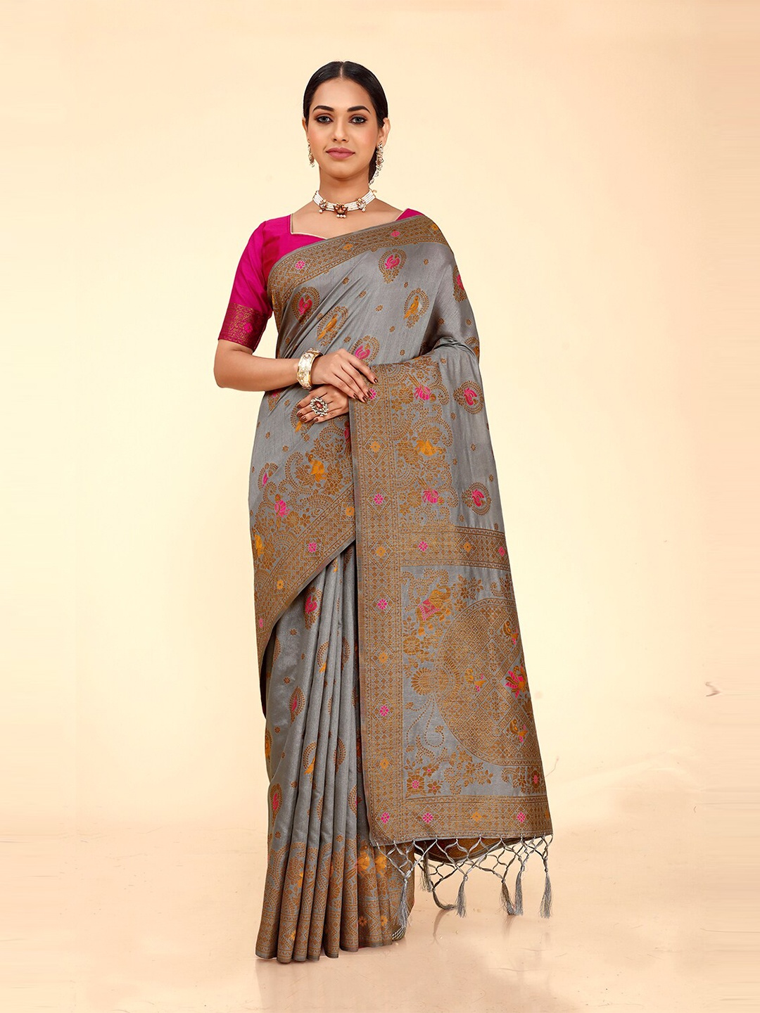 

elora Ethnic Motif Zari Pure Silk Banarasi Saree With Blouse Piece, Grey