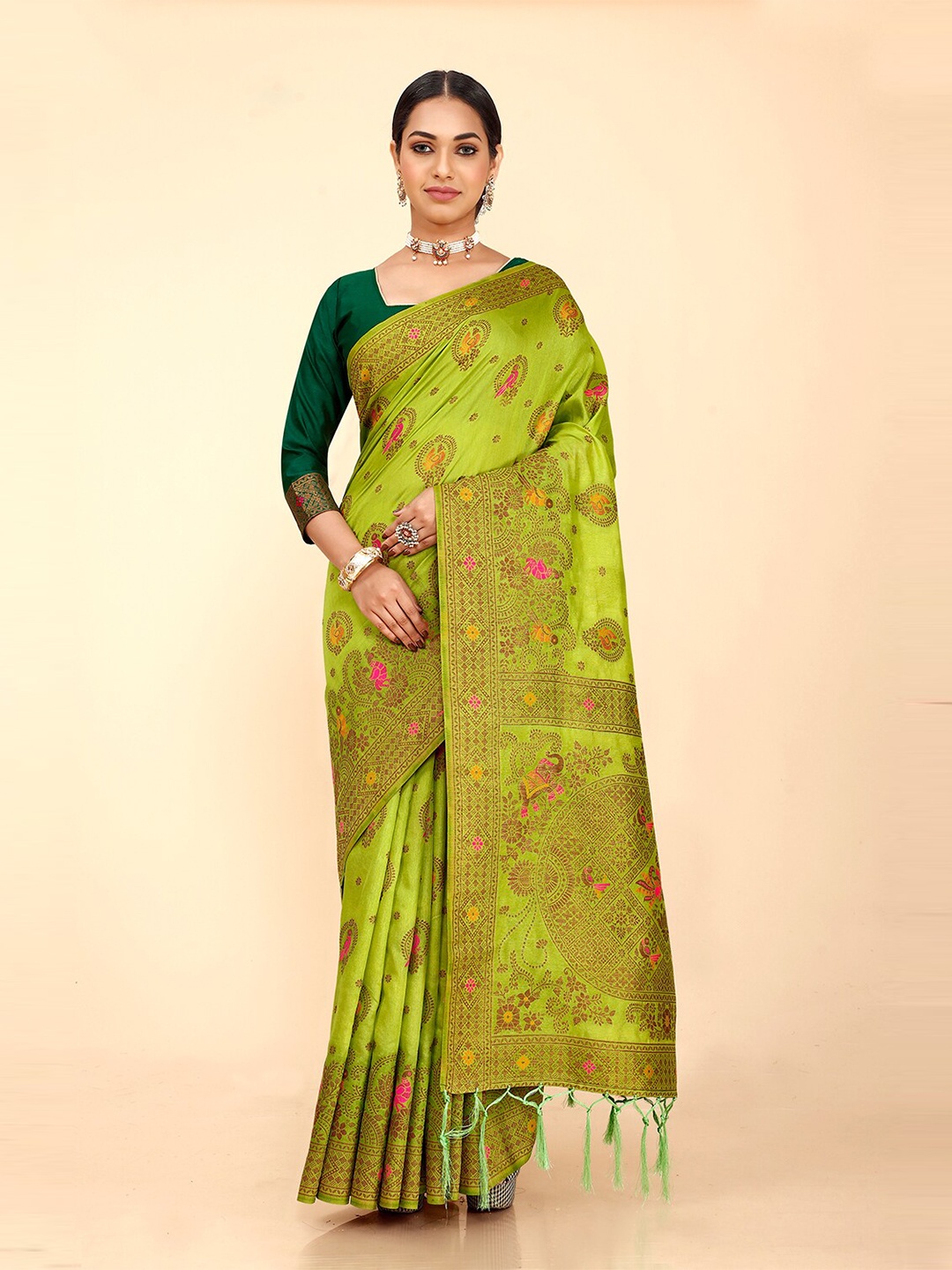 

elora Ethnic Motif Zari Pure Silk Banarasi Saree With Blouse Piece, Green
