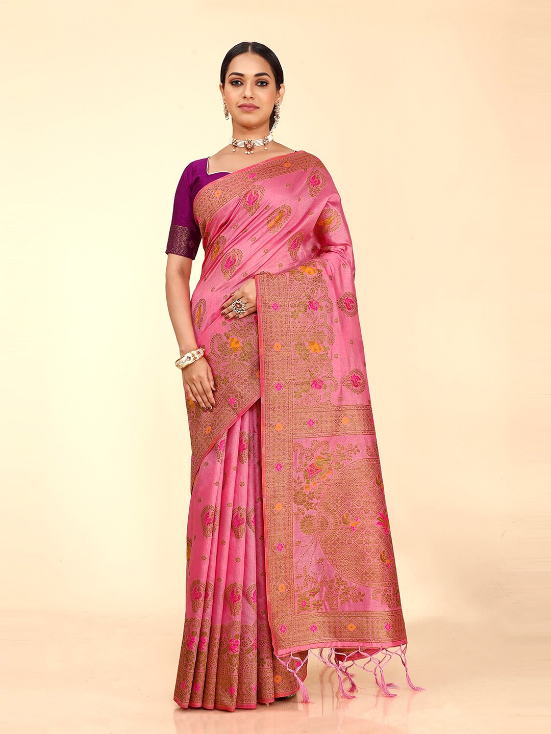 

elora Ethnic Motif Zari Pure Silk Banarasi Saree With Blouse Piece, Pink