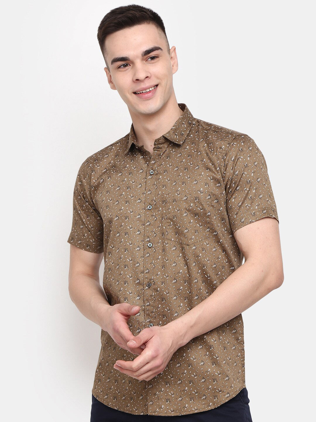 

V-Mart Conversational Printed Spread Collar Cotton Shirt, Brown