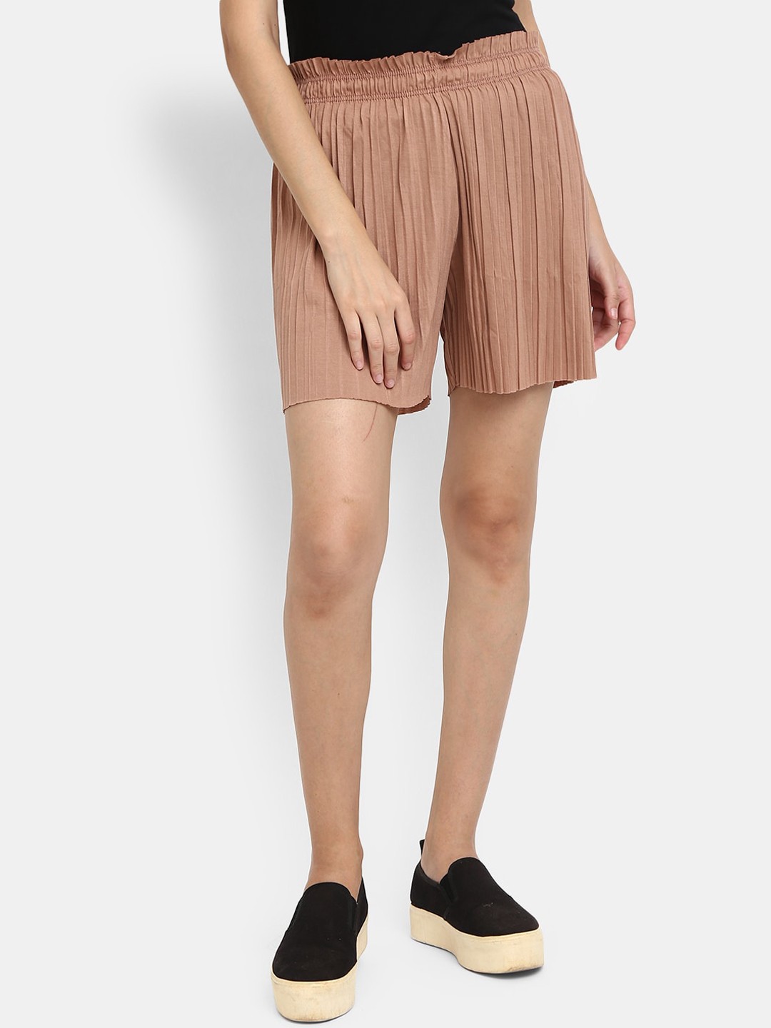 

V-Mart Women Mid-Rise Pleated Cotton Shorts, Beige