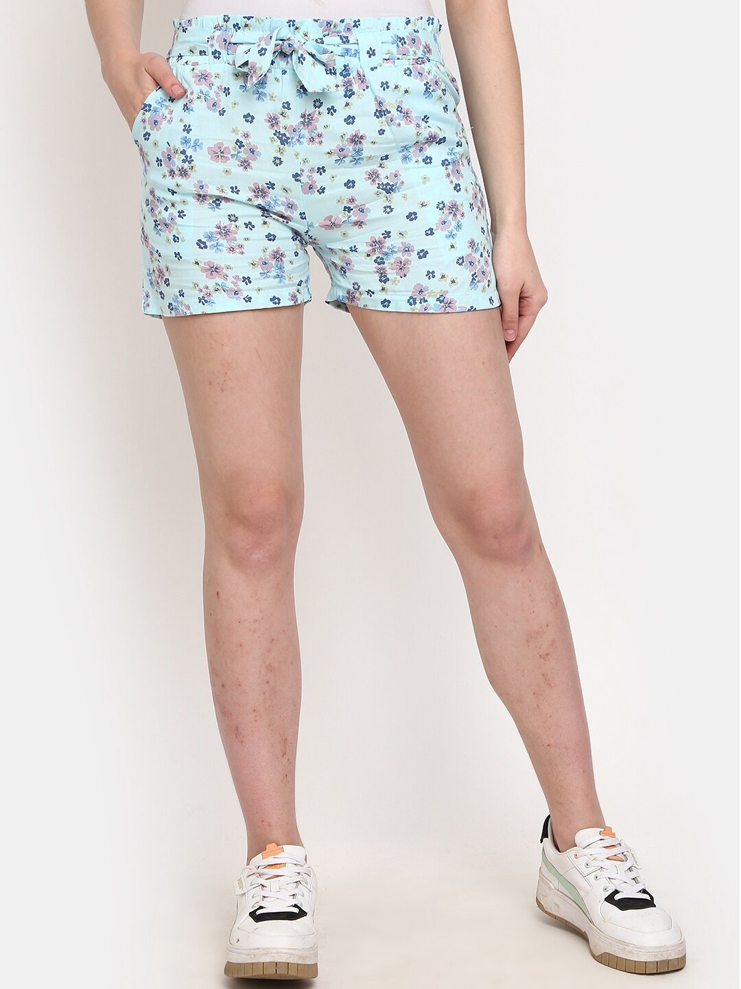 

V-Mart Women Floral Printed Mid Rise Cotton Shorts, Blue