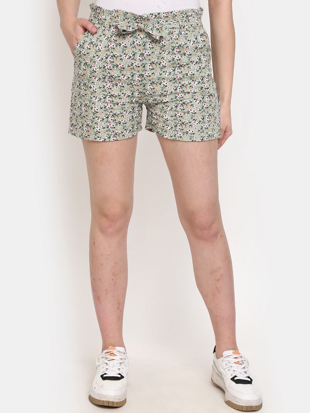 

V-Mart Women Mid-Rise Floral Printed Shorts, Green