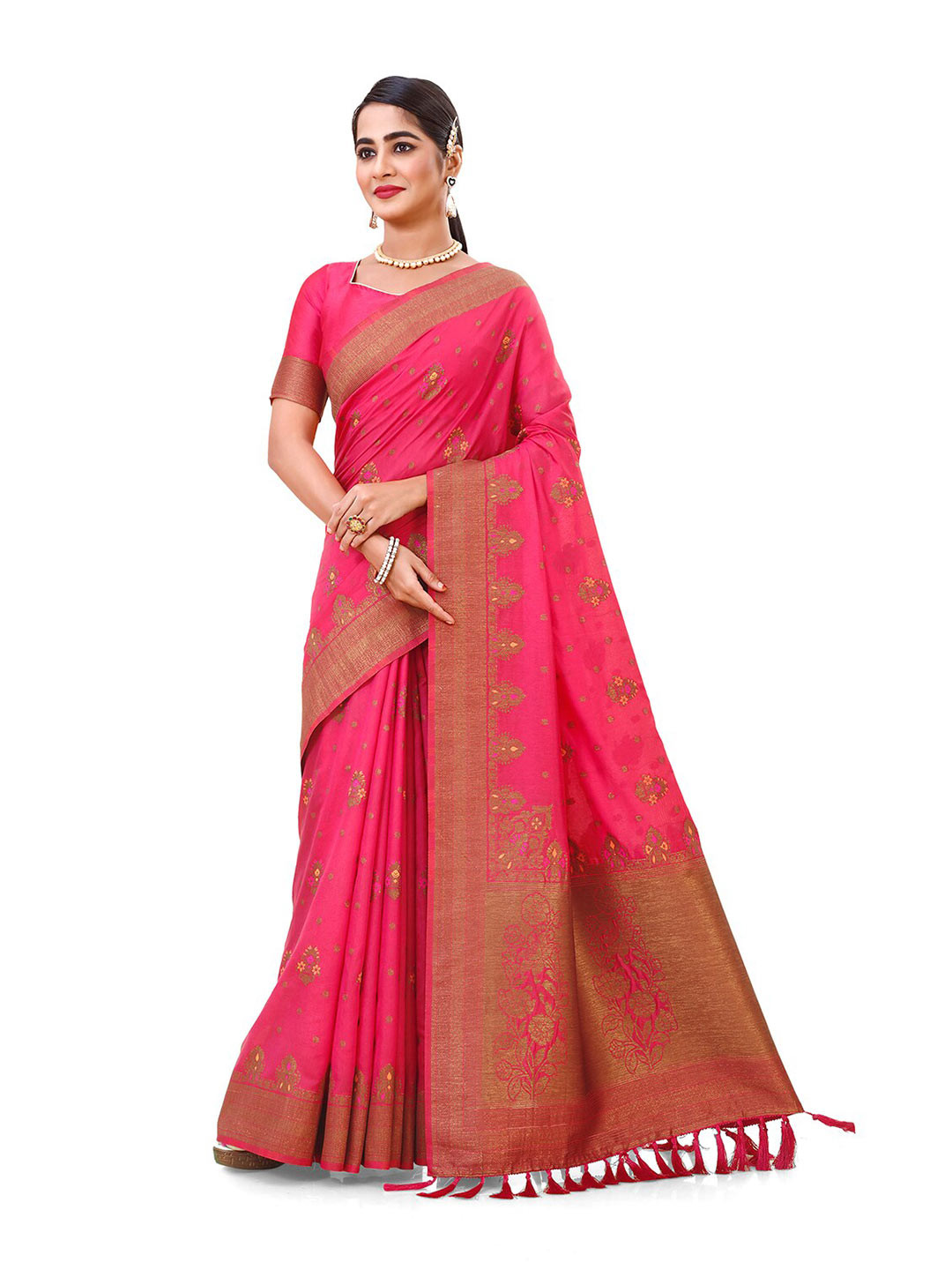 

elora Ethnic Motif Zari Pure Silk Banarasi Saree With Blouse Piece, Pink