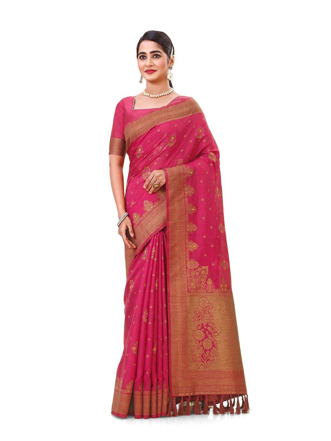 

elora Ethinic Motif Woven Design Zari Pure Silk Banarasi Saree, Magenta