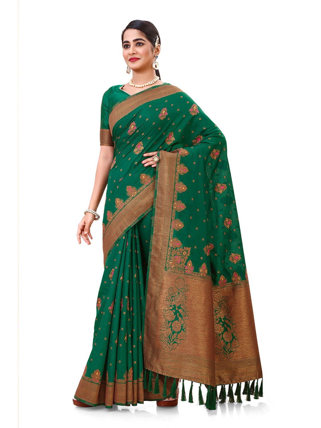 

elora Ethinic Motif Woven Design Zari Pure Silk Banarasi Saree, Green